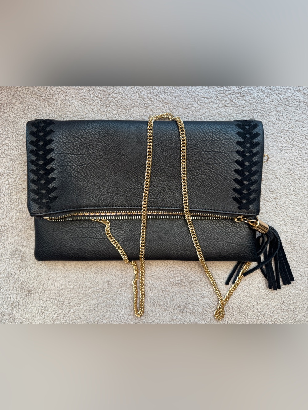 Moda Luxe Black Foldover Crossbody Clutch Gold Chain Strap Tassel Zip